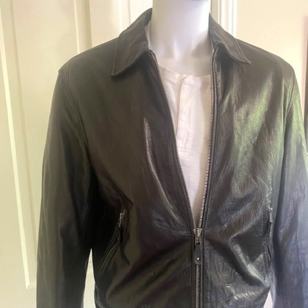 Brand New Donna Karen Men's Black Leather Bomber Jacket L